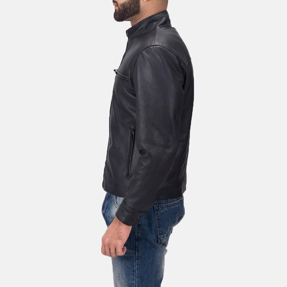 Austere Matte Sort Læder Bikerjakke til Mænd - Lateral Side Profile View Showing Sleeve Cut &amp; Athletic Taper Fit
