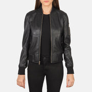 Women's Ava Ma-1 Black Leather Bomber Jacket in Black Sheepskin Leather - Front Profile View &amp; Tailored Silhouette | Buy Online