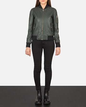 Ava Ma-1 Green Leather Bomber Jacket - Lateral Side Profile View Showing Sleeve Cut &amp; Athletic Taper Fit