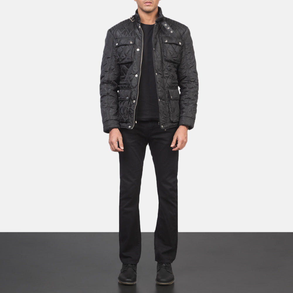 Men's Barry Quilted Sort Windbreaker Læderjakke til Mænd - Lateral Side Profile View Showing Sleeve Cut &amp; Athletic Taper Fit