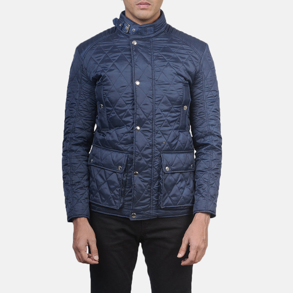 Men's Barry Quilted Blue Windbreaker Læderjakke til Mænd - Lateral Side Profile View Showing Sleeve Cut &amp; Athletic Taper Fit