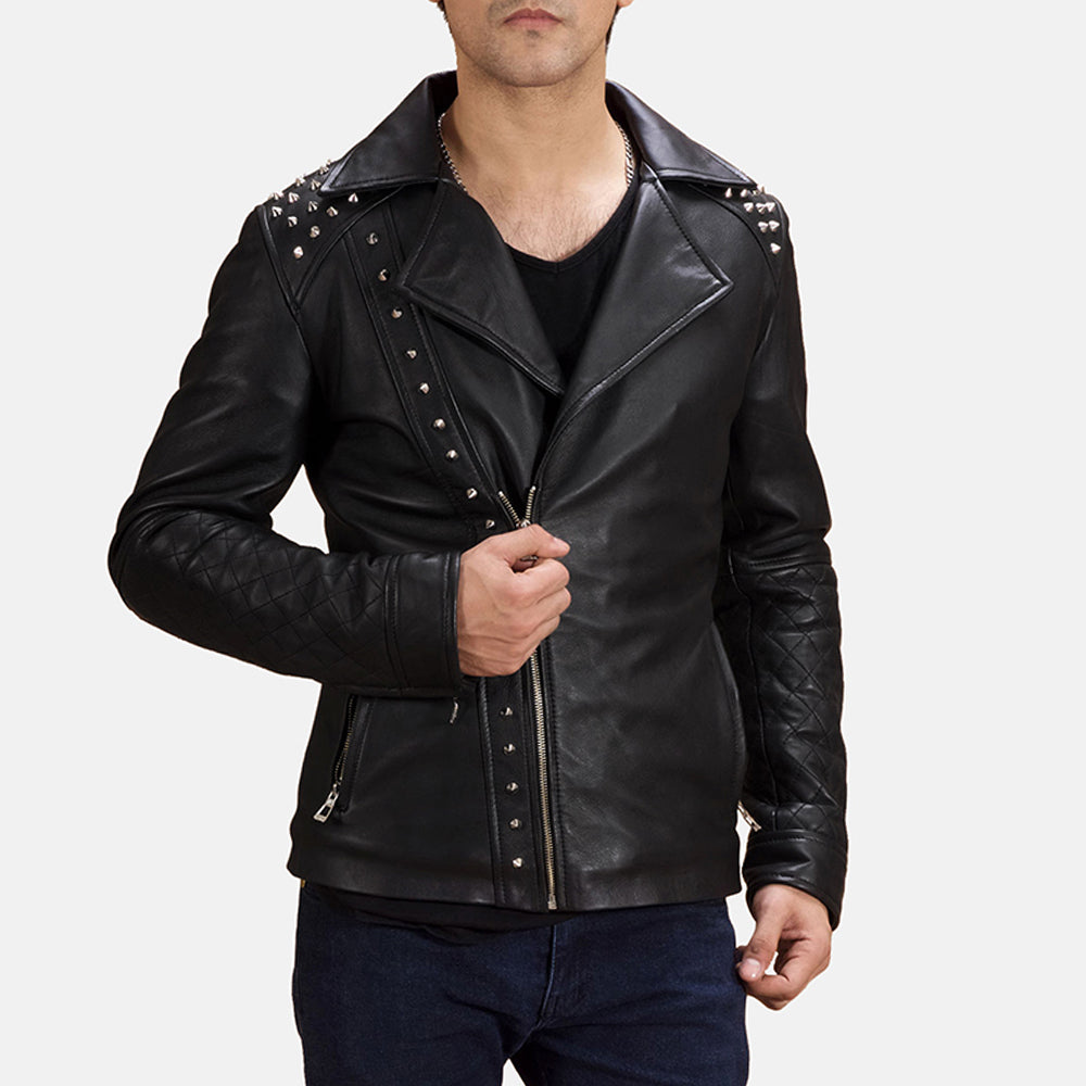 Men's Sort Studded Læder Bikerjakke til Mænd in Black Sheepskin Leather - Front Profile View &amp; Tailored Silhouette | Buy Online