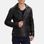 Men's Sort Studded Læder Bikerjakke til Mænd in Black Sheepskin Leather - Front Profile View &amp; Tailored Silhouette | Buy Online