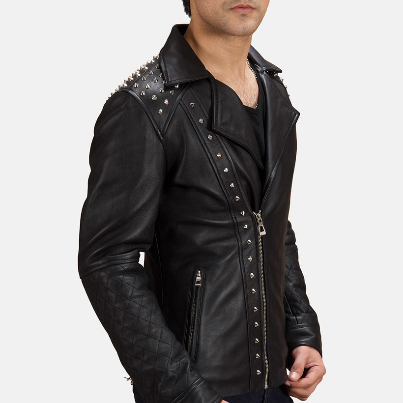 Sort Studded Læder Bikerjakke til Mænd