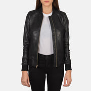 Women's Bliss Sort Læder Bomberjakke til Kvinder in Black Sheepskin Leather - Front Profile View &amp; Tailored Silhouette | Buy Online