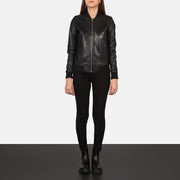 Women's Bliss Sort Læder Bomberjakke til Kvinder - Lateral Side Profile View Showing Sleeve Cut &amp; Athletic Taper Fit