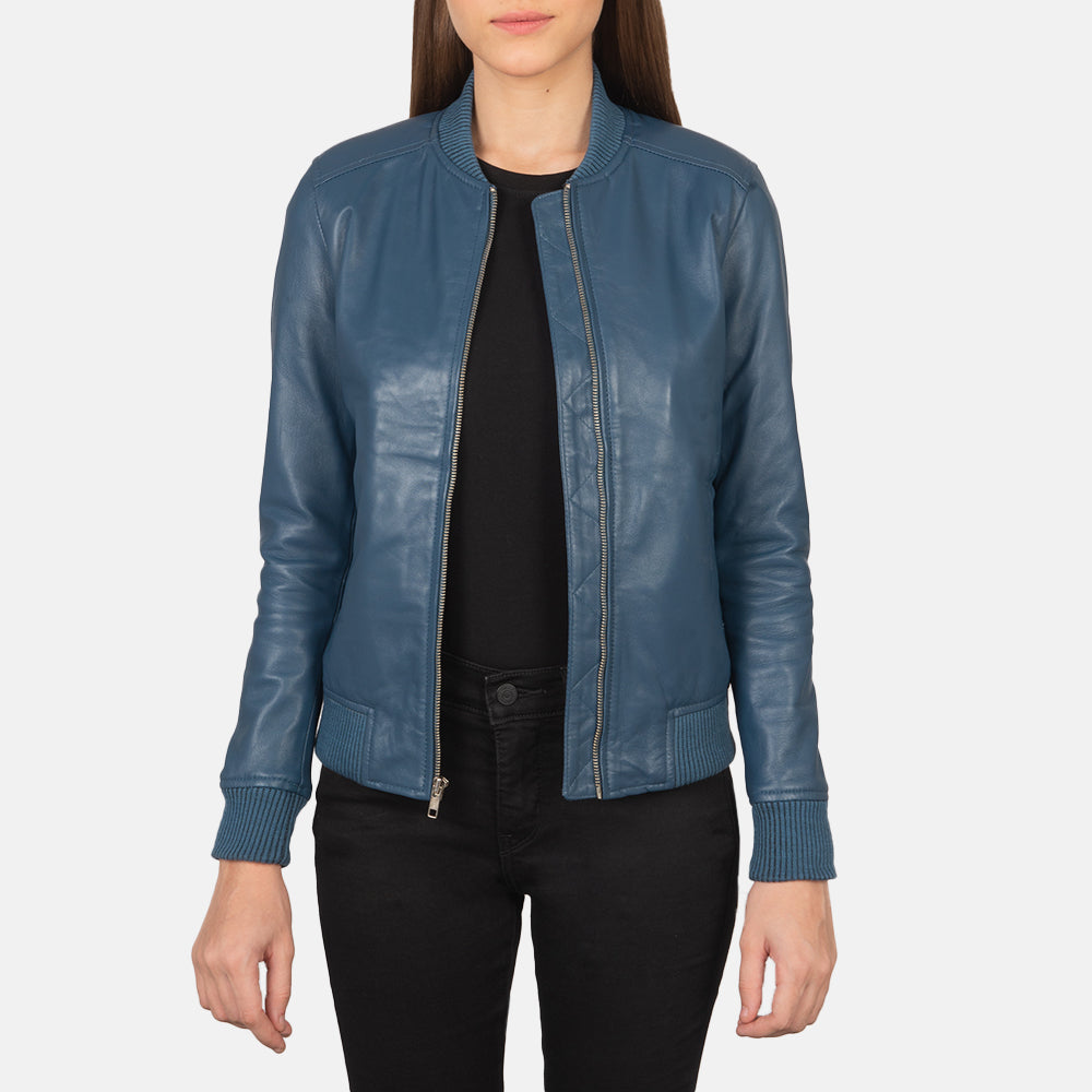 Women's Bliss Blue Læder Bomberjakke til Kvinder in Blue Sheepskin Leather - Front Profile View &amp; Tailored Silhouette | Buy Online