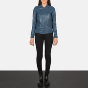 Women's Bliss Blue Læder Bomberjakke til Kvinder - Lateral Side Profile View Showing Sleeve Cut &amp; Athletic Taper Fit