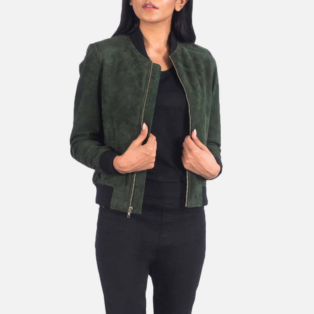 Women's Bliss Green Suede Læder Bomberjakke til Kvinder in Green Goatskin Suede - Front Profile View &amp; Tailored Silhouette | Buy Online