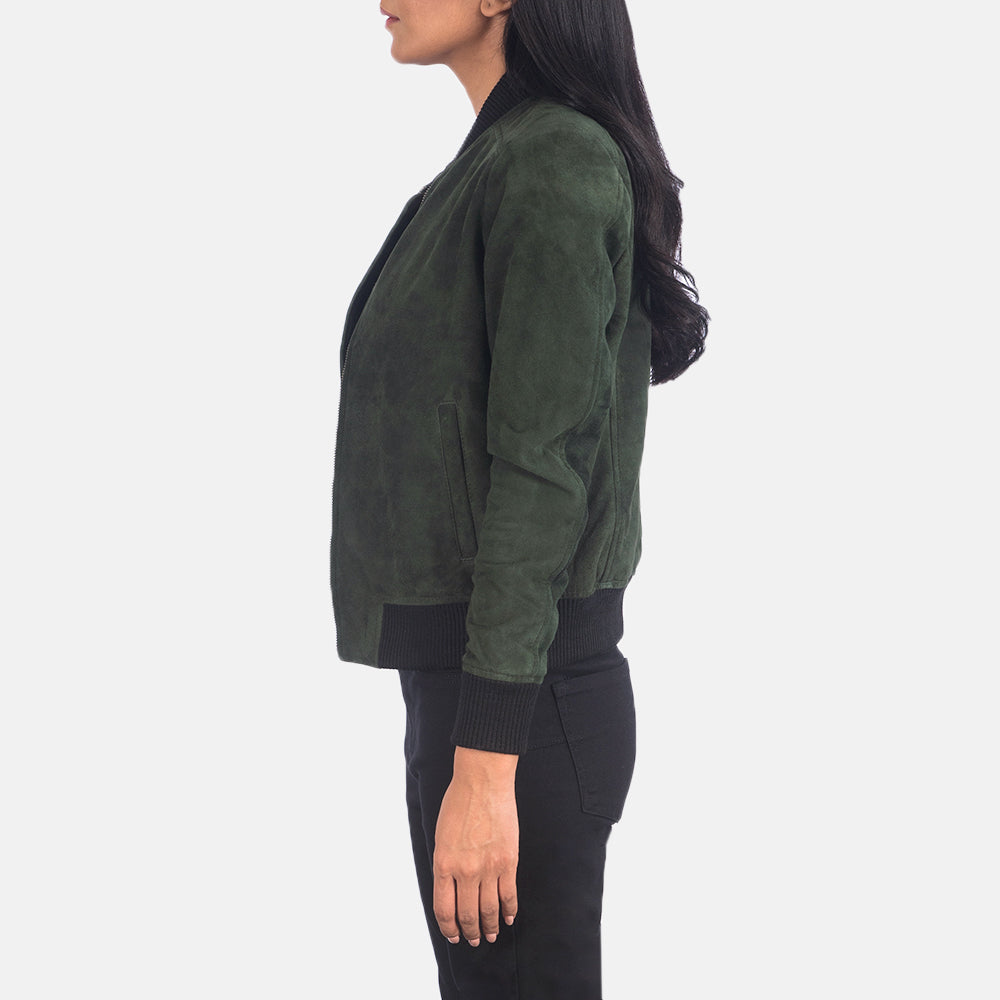 Green Goatskin Suede Bomber Jacket - Back View Showing Tailored Shoulder Fit &amp; Clean Hemline