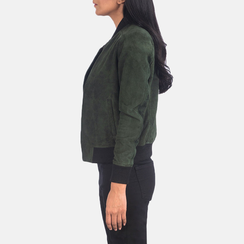 Bliss Green Suede Læder Bomberjakke til Kvinder