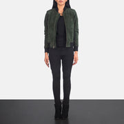Women's Bliss Green Suede Læder Bomberjakke til Kvinder - Lateral Side Profile View Showing Sleeve Cut &amp; Athletic Taper Fit