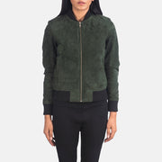 Close-Up Detail of Varsity - Rib Knit &amp; Zipper with Wind Flap Hardware on Women's Bliss Green Suede Læder Bomberjakke til Kvinder