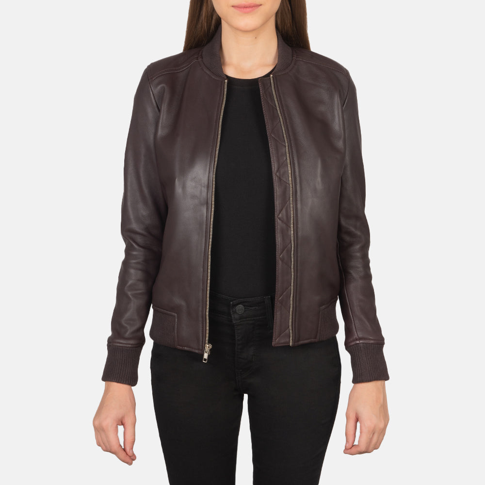 Women's Bliss Maroon Læder Bomberjakke til Kvinder in Maroon Sheepskin Leather - Front Profile View &amp; Tailored Silhouette | Buy Online