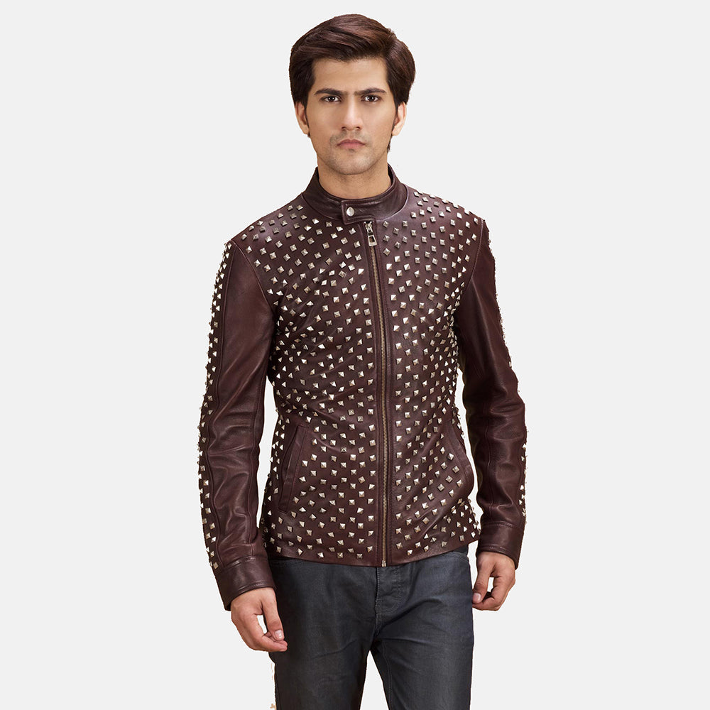 Blix Bono Maroon Læder Bikerjakke til Mænd in Maroon Sheepskin Leather - Front Profile View &amp; Tailored Silhouette | Buy Online