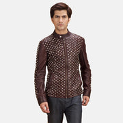 Blix Bono Maroon Læder Bikerjakke til Mænd in Maroon Sheepskin Leather - Front Profile View &amp; Tailored Silhouette | Buy Online