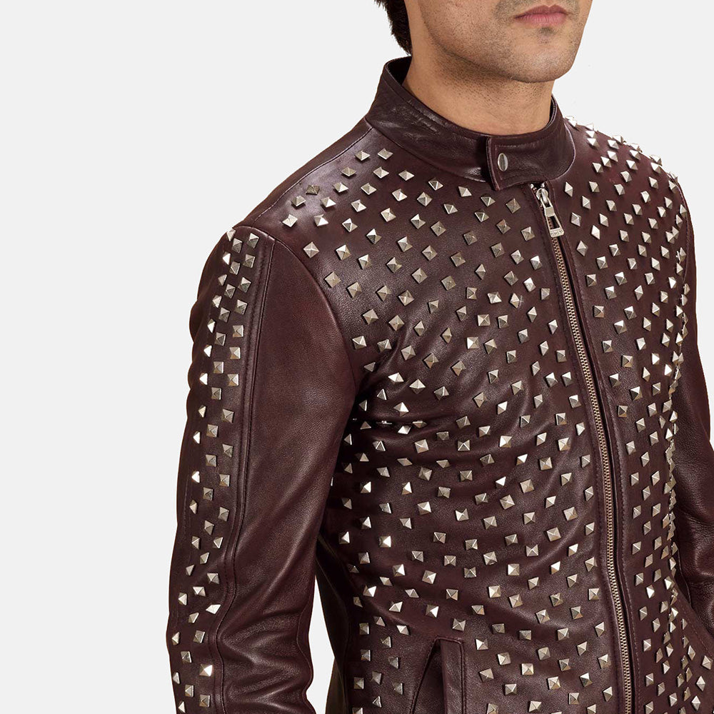 Close-Up Detail of Band with snap button &amp; Zipper Hardware on Blix Bono Maroon Læder Bikerjakke til Mænd