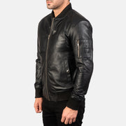 
Black Sheepskin Leather Bomber Jacket - Bagfra med tilpassede skuldre og ren kant
