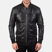 
Nærbillede of Rib Knit & Zipper Hardware on Bomia Ma-1 Black Leather Bomber Jacket
