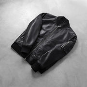 
Rib Knit & Hem Craftsmanship Construction Detail on Bomia Ma-1 Black Leather Bomber Jacket