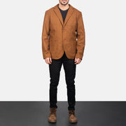 Men's Khaki Wool Blazer - Lateral Side Profile View Showing Sleeve Cut &amp; Athletic Taper Fit