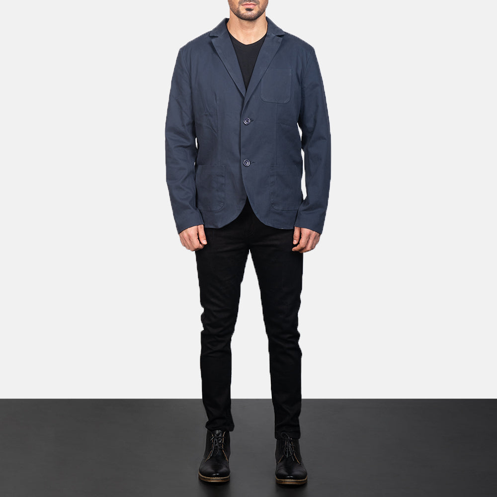 Borges Navy Blue Blazer til Mænd - Lateral Side Profile View Showing Sleeve Cut &amp; Athletic Taper Fit