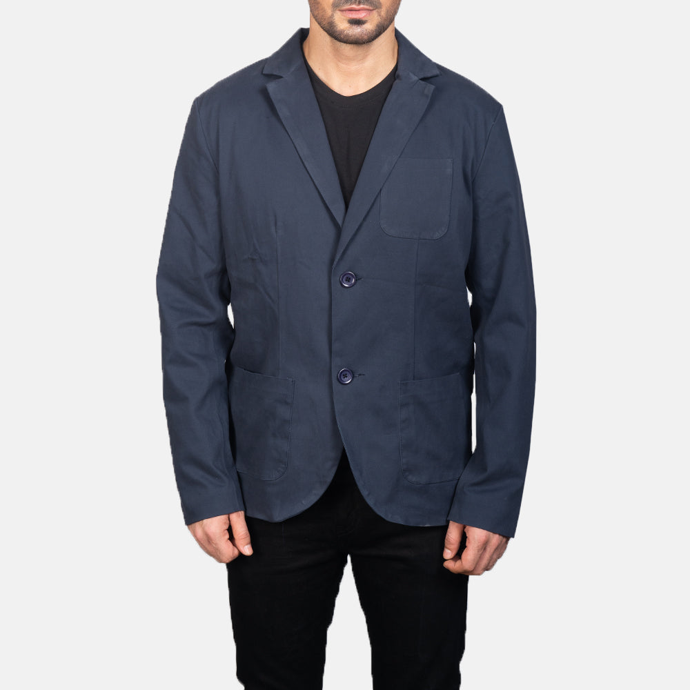 Close-Up Detail of Notch &amp; Button Hardware on Borges Navy Blue Blazer til Mænd