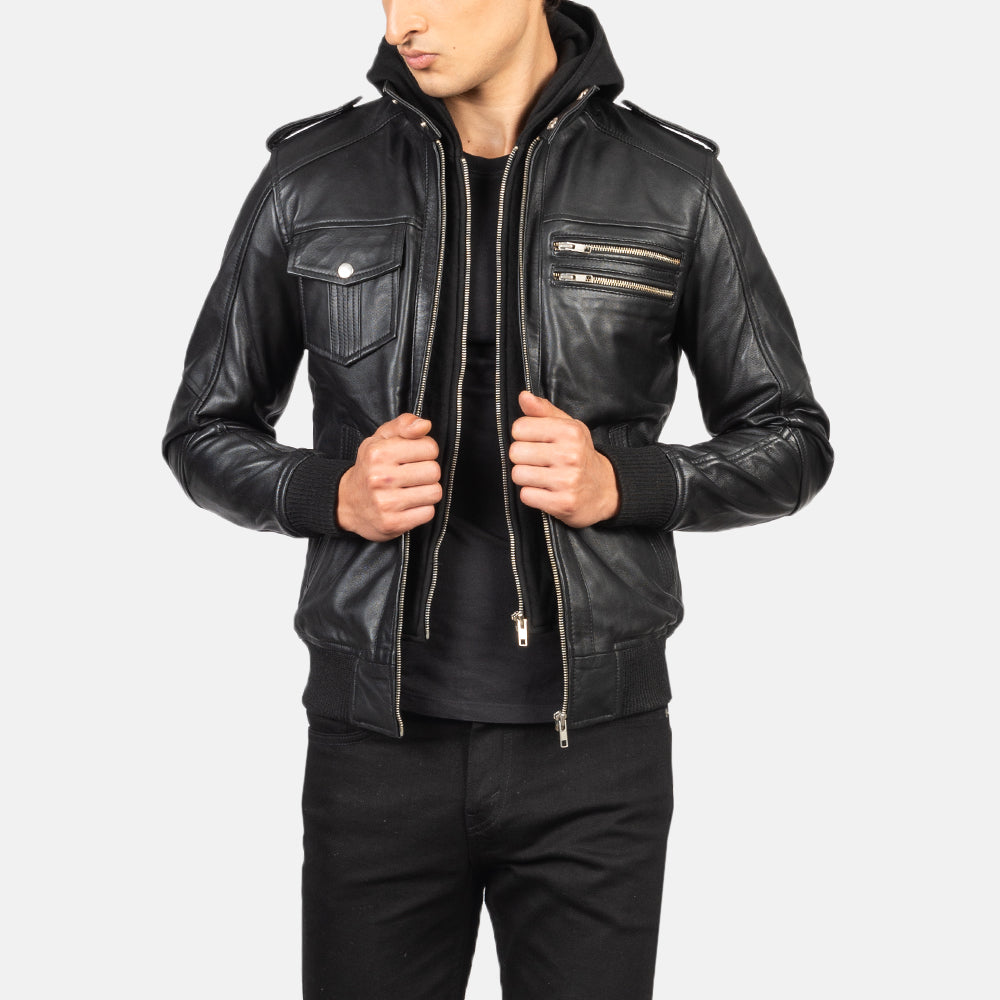 
Bravado Black Hooded Leather Bomber Jacket in Black Sheepskin Leather - Forfra med skræddersyet silhuet | Køb online