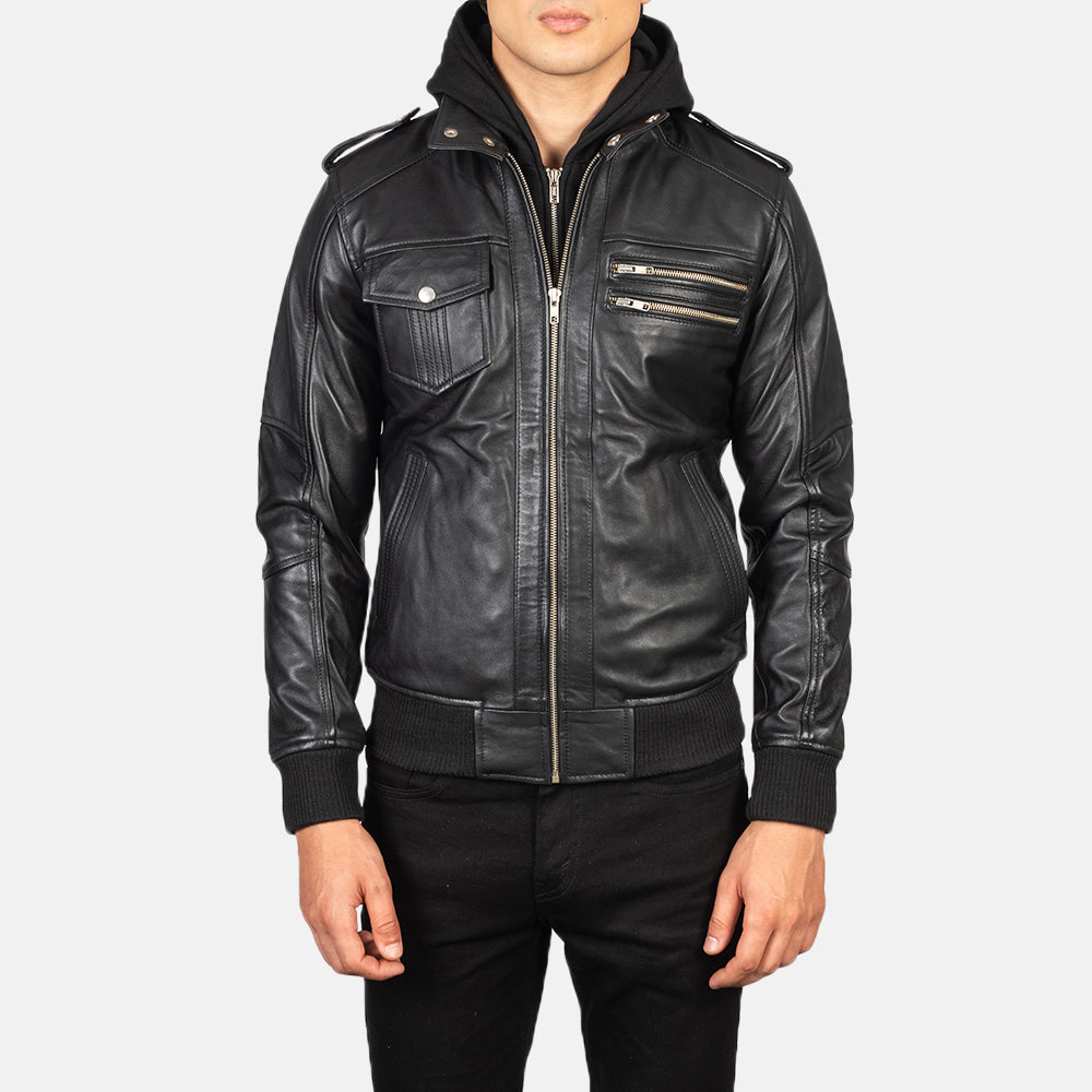 
Nærbillede of High Neck & Zipper Hardware on Bravado Black Hooded Leather Bomber Jacket