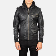 
Nærbillede of High Neck & Zipper Hardware on Bravado Black Hooded Leather Bomber Jacket