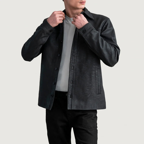 Bronco Tumbled Black Leather Shirt in Tumbled Black Sheepskin Leather - Front Profile View & Tailored Silhouette | Buy Online