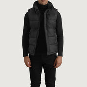 Bryan Sort Puffer Vest til Mænd in Black Full-Grain Leather - Front Profile View &amp; Tailored Silhouette | Buy Online