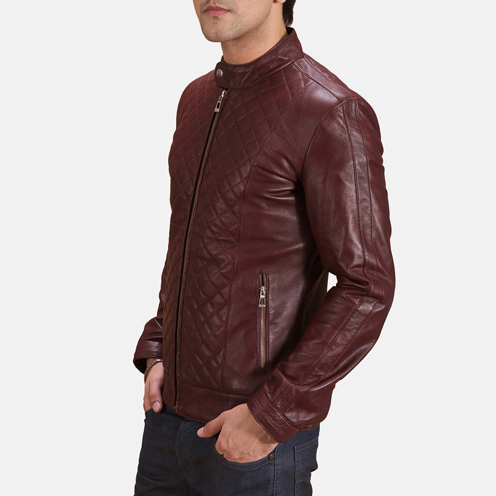
Maroon Sheepskin Leather Biker Jacket - Bagfra med tilpassede skuldre og ren kant