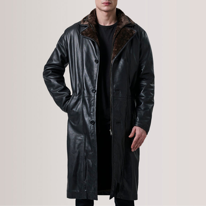 Cai Sort Leather Shearling Coat til Mænd