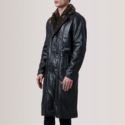 Cai Sort Leather Shearling Coat til Mænd For Men - Lateral Side Profile View Showing Sleeve Cut &amp; Athletic Taper Fit