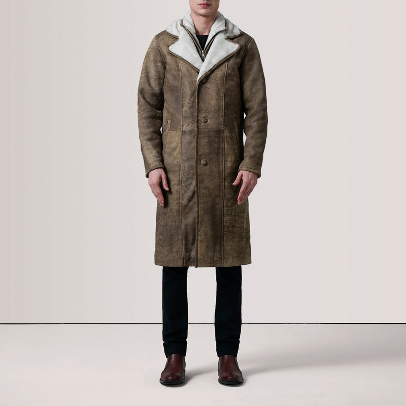 Cai Distressed Brun Leather Shearling Coat til Mænd