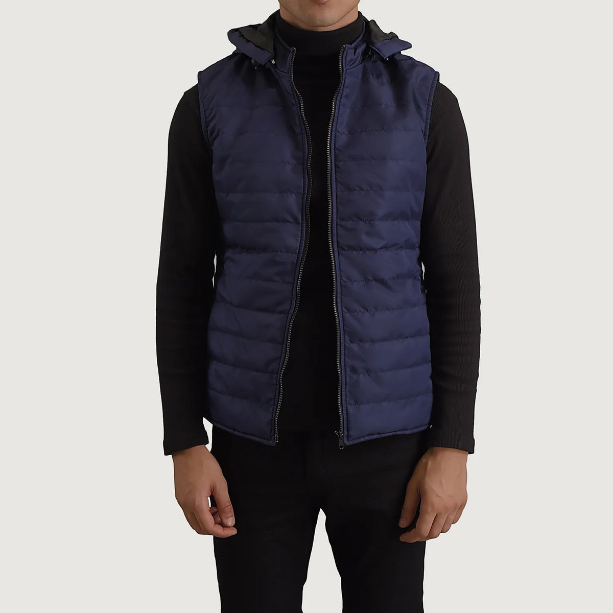 
Carlo Blå Vatteret vest med hætte til Mænd in Blue Full-Grain Leather - Forfra med skræddersyet silhuet | Køb online
