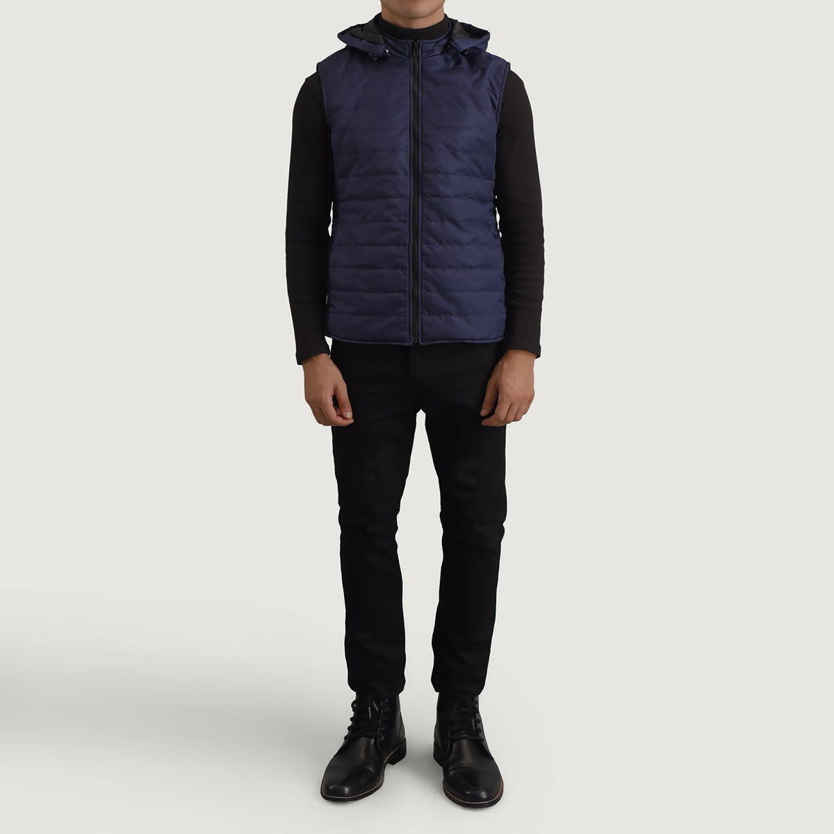 
Carlo Blå Vatteret vest med hætte til Mænd - Sideprofil med ergonomisk ærmesnit