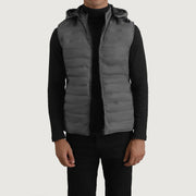 
Carlo Grey Vatteret vest med hætte til Mænd in Green Full-Grain Leather - Forfra med skræddersyet silhuet | Køb online