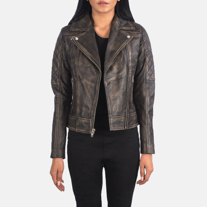 Carolyn Quilted Distressed Brun Læder Bikerjakke til Kvinder