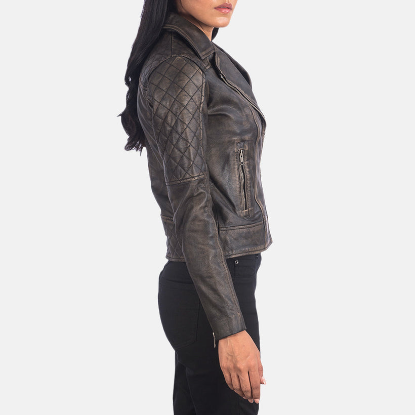 Carolyn Quilted Distressed Brun Læder Bikerjakke til Kvinder
