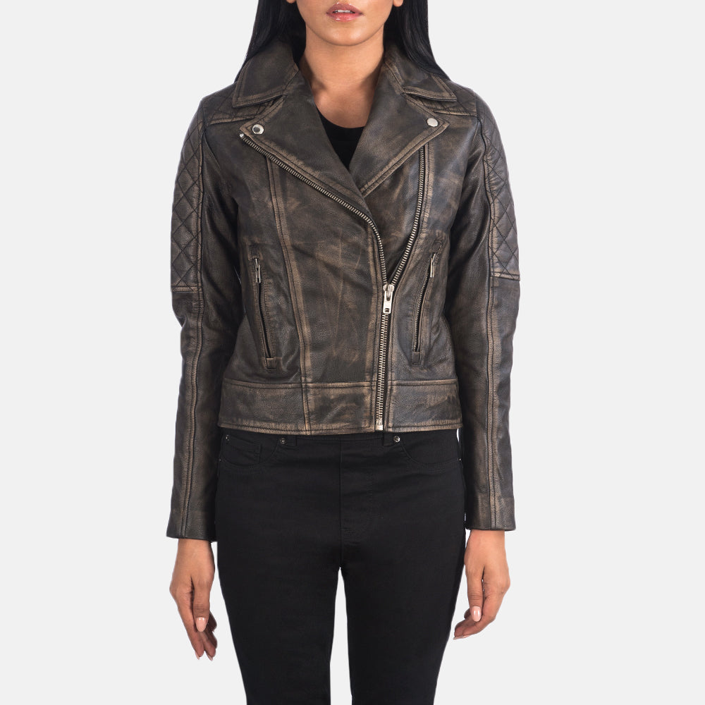 
Nærbillede of Notch & Zipper Hardware on Carolyn Quilted Distressed Brown Biker Jacket