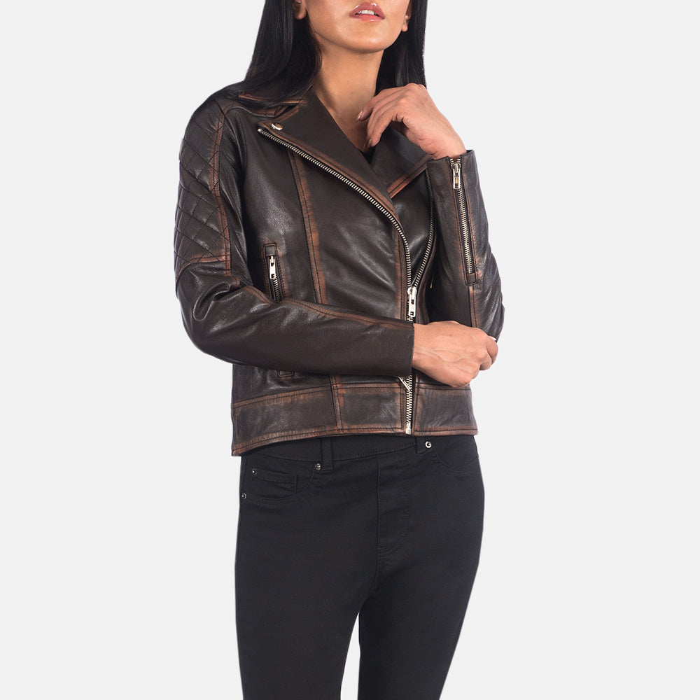 
Nærbillede of Notch & Zipper Hardware on Carolyn Quilted Vintage Brown Biker Jacket