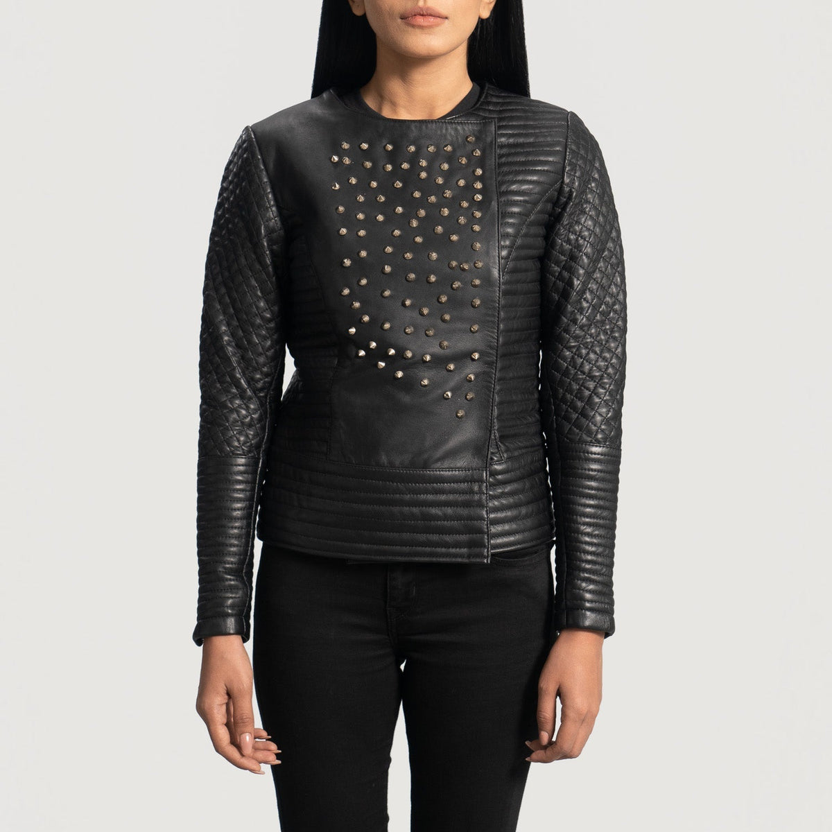 Women's Celeste Studded Sort Læderjakke til Kvinder in Black Sheepskin Leather - Front Profile View &amp; Tailored Silhouette | Buy Online