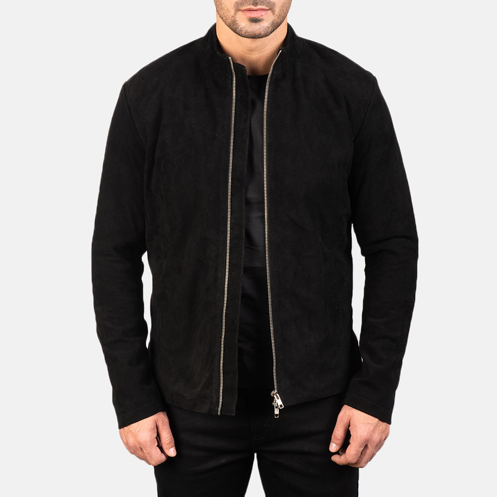 Men's Charcoal Sort Suede Læder Bikerjakke til Mænd in Black Goatskin Suede - Front Profile View &amp; Tailored Silhouette | Buy Online