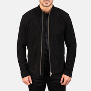 Men's Charcoal Sort Suede Læder Bikerjakke til Mænd in Black Goatskin Suede - Front Profile View &amp; Tailored Silhouette | Buy Online