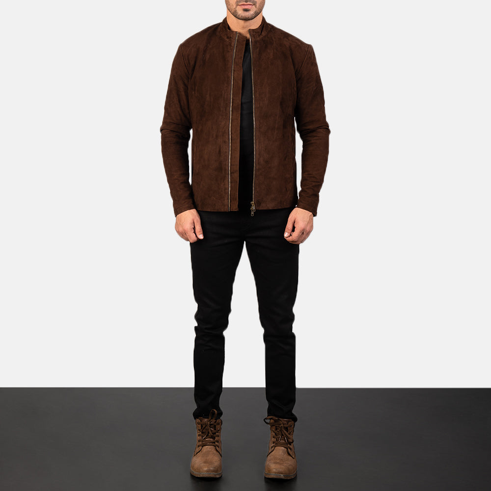 
Charcoal Mocha Suede Bikerjakke i Læder til Mænd - Sideprofil med ergonomisk ærmesnit