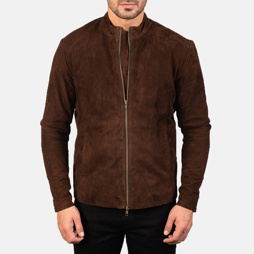 
Nærbillede of Mandarin & Zipper with Dual Puller Hardware on Charcoal Mocha Suede Bikerjakke i Læder til Mænd