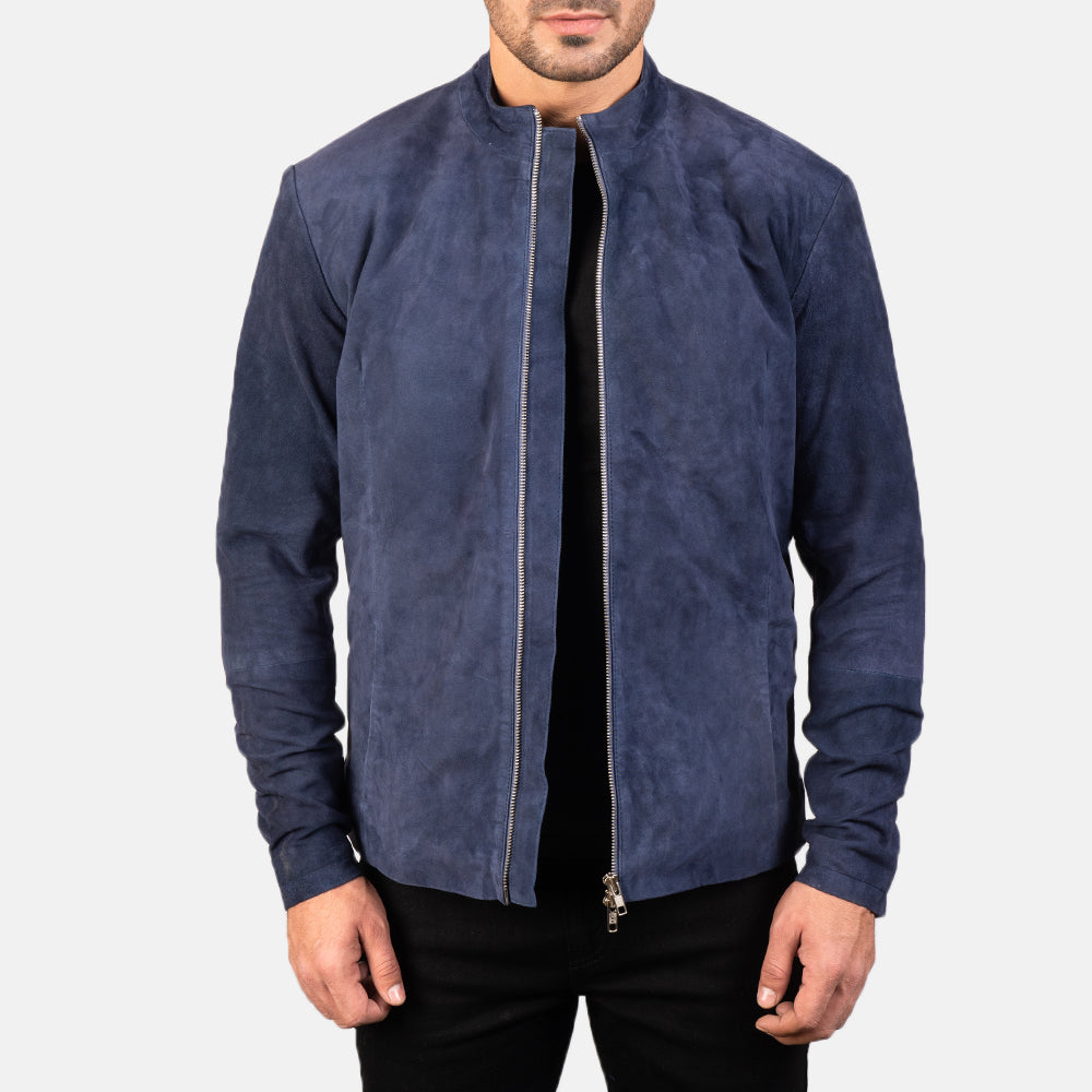 Men's Charcoal Navy Blue Suede Læder Bikerjakke til Mænd in Navy Blue Goatskin Suede - Front Profile View &amp; Tailored Silhouette | Buy Online