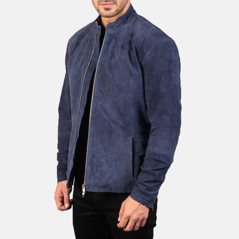 Charcoal Navy Blue Suede Læder Bikerjakke til Mænd